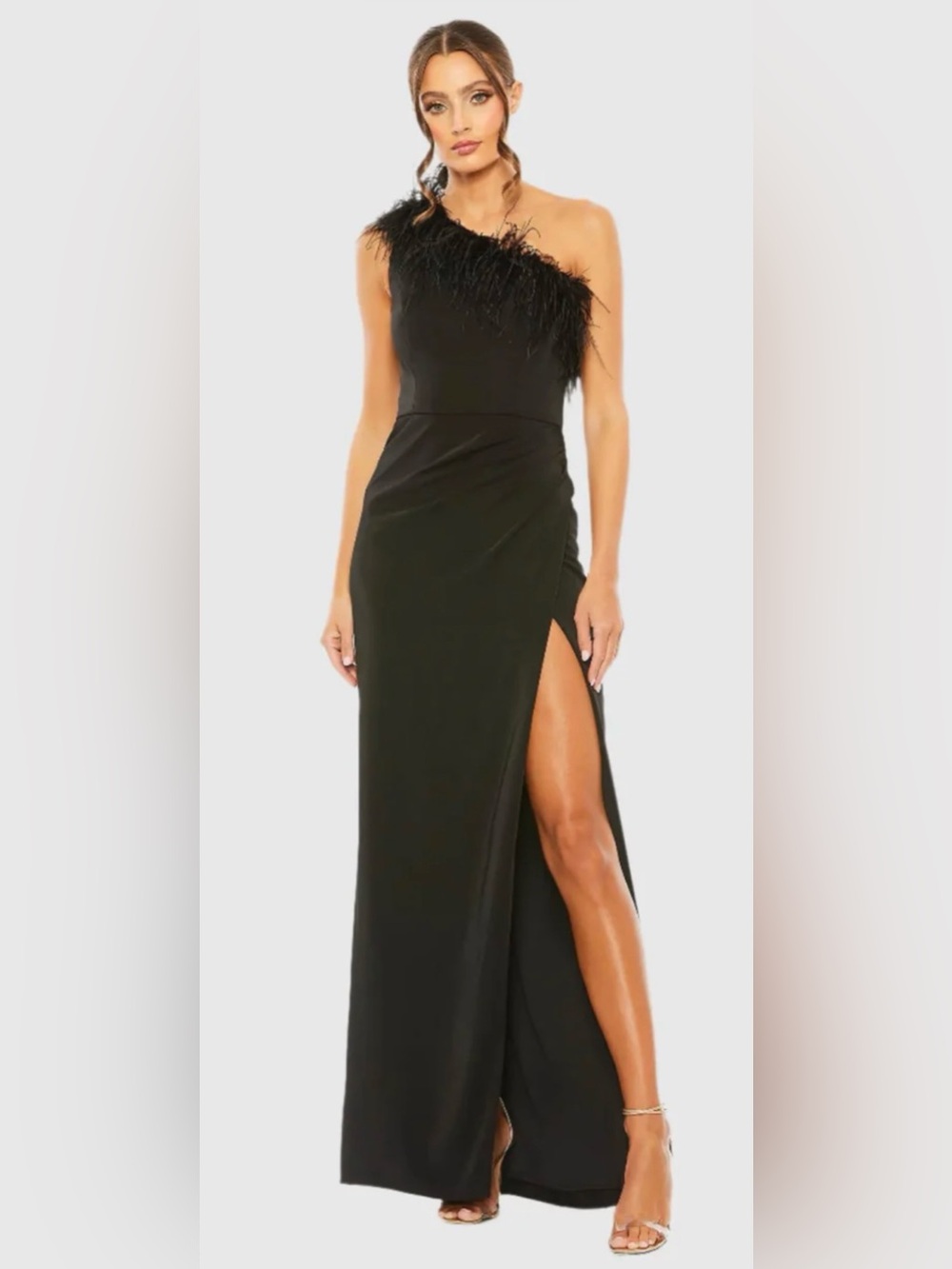 Mac Duggal Feather Trim One Shoulder Maxi Dress